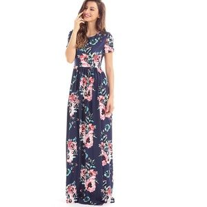 Floral Print O Neck Short Sleeve Maxi Casual Dress